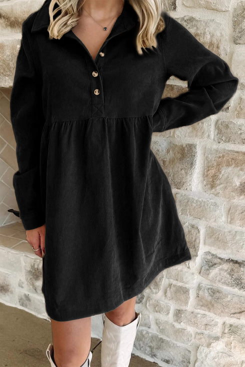 Corduroy Collared Half Button Babydoll Mini Dress